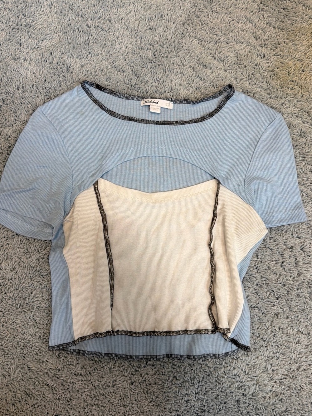 Light Blue & Cream Layered Cutout Ribbed Crop Top - Unbranded
